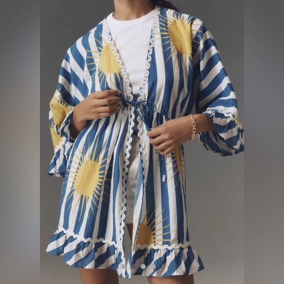 Anthropologie Blue and White Floral Kimono Swim Cover - Picture 1 of 8